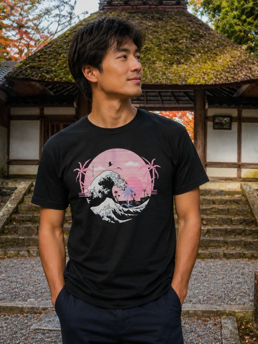 NWOT Cats Of Kyoto Black 100% Cotton Graphic Tee with Pink Wave Motif Size XL